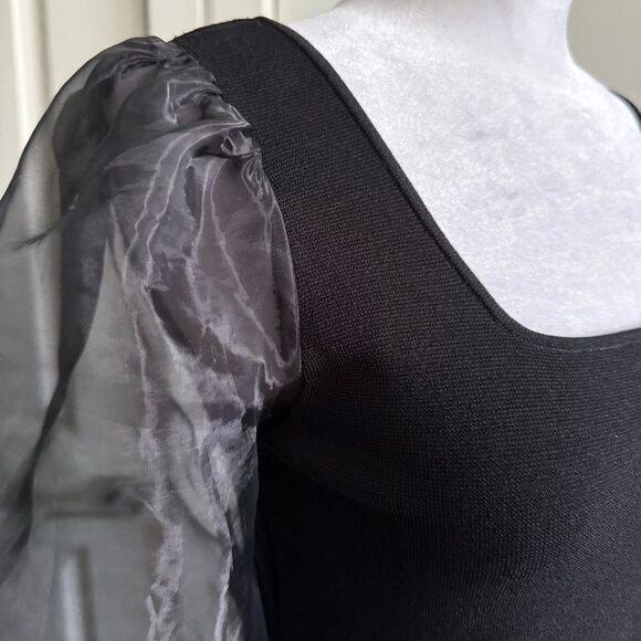 House of Harlow 1960 Black Knit Bodycon Dress with Organza Sleeves Size XS - Picture 2 of 7